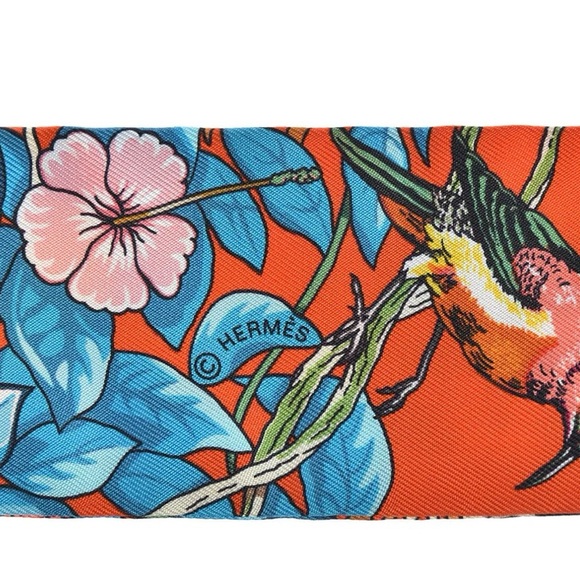 Hermès Silk Jungle Love Love Twilly Orange Bleu Brun Authentic - Picture 5 of 6